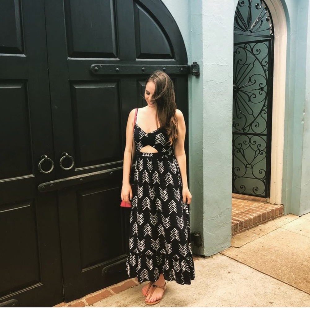 Navy and white patterned maxi dress